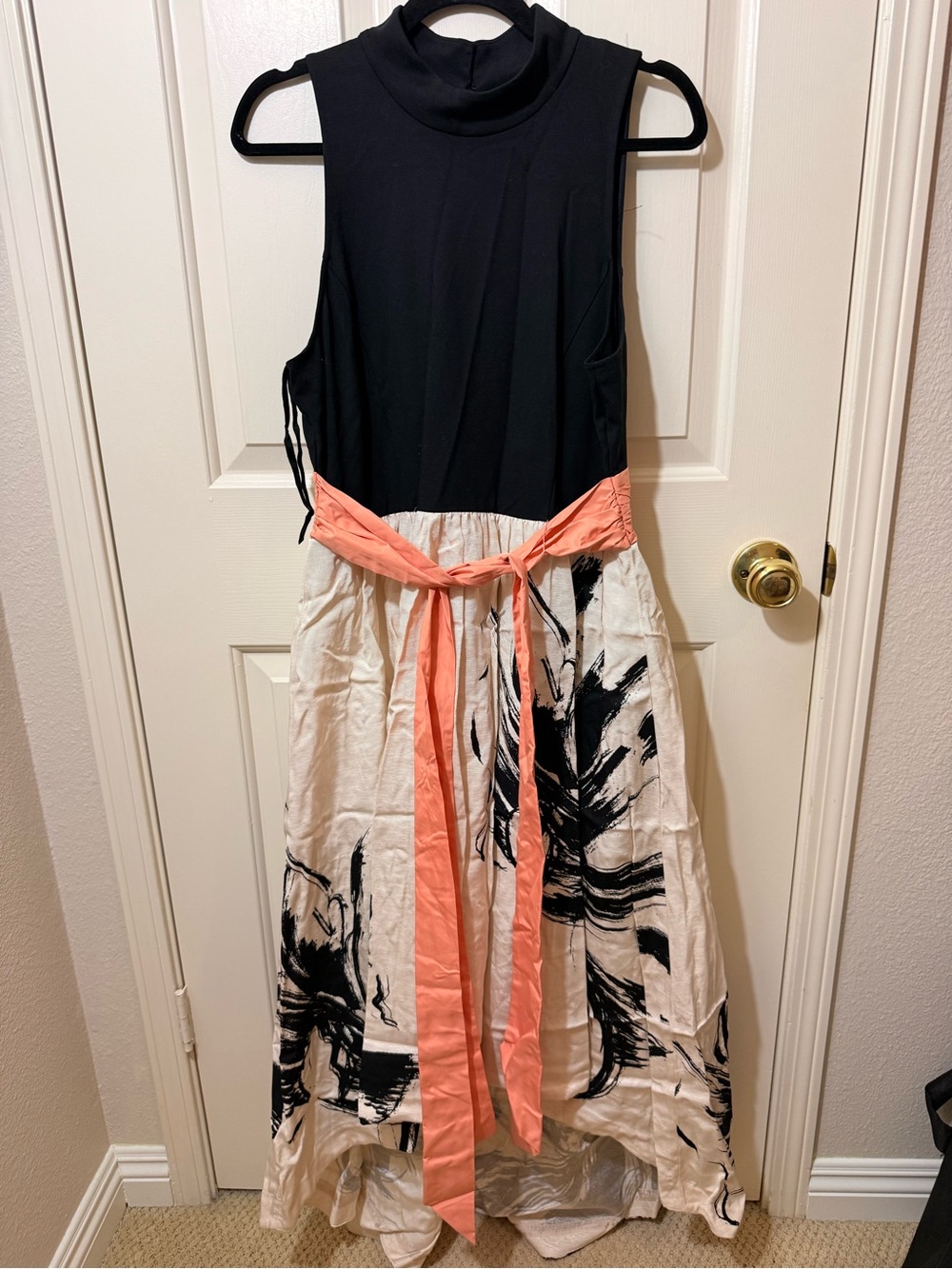 Moulinette Soeurs Black Top Cream Skirt Maxi Dress with Coral Sash
